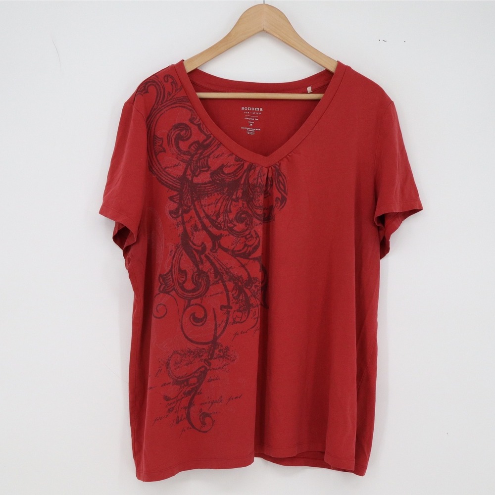 Sonoma T-Shirt Women 2X Everyday Tee Red Graphic Filigree Short Sleeve Excellent